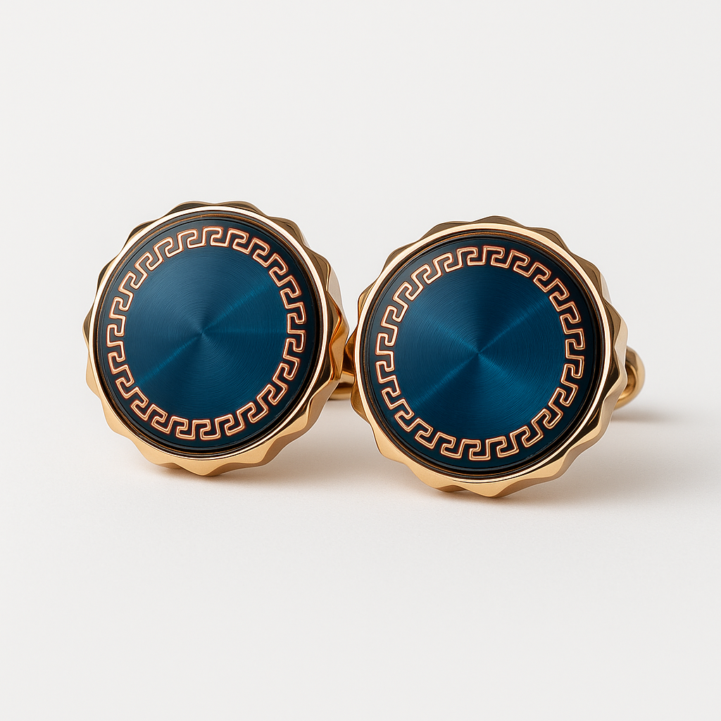 Luxury Blue Enamel Cufflinks | Gold-Tone Round Cuff Links