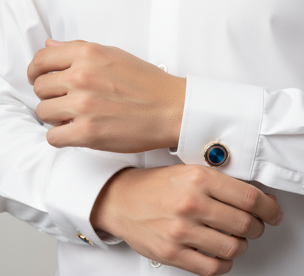 Luxury Blue Enamel Cufflinks | Gold-Tone Round Cuff Links